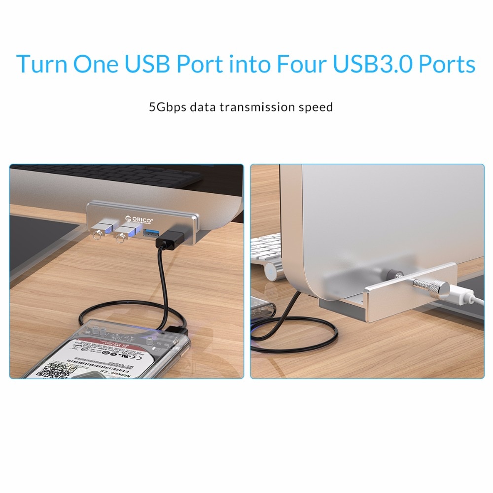 מפצל USB מאלומיניום 4 יציאות עם קליפ הידוק לשולחן